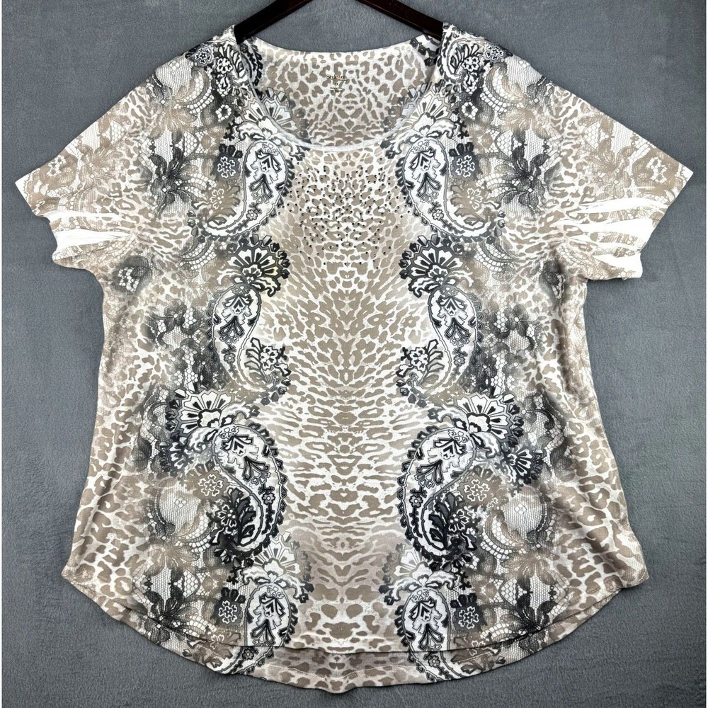 Style&co Beige black white  paisley embellished short sleeve top Size 2X